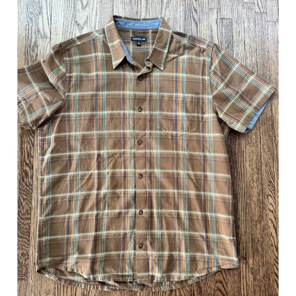 Toad&Co Outdoors Mens L Organic Cotton Plaid Short Sleeve Button Shirt Brown